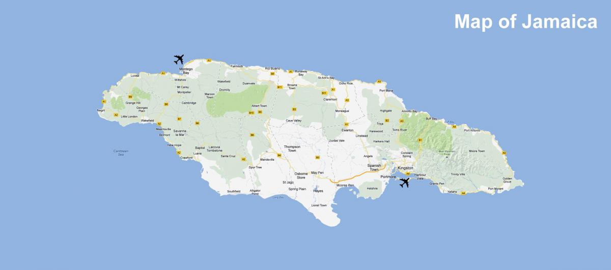 რუკა იამაიკის აეროპორტები და კურორტების