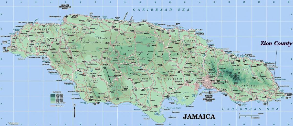 ფიზიკური რუკა იამაიკის აჩვენებს მთები